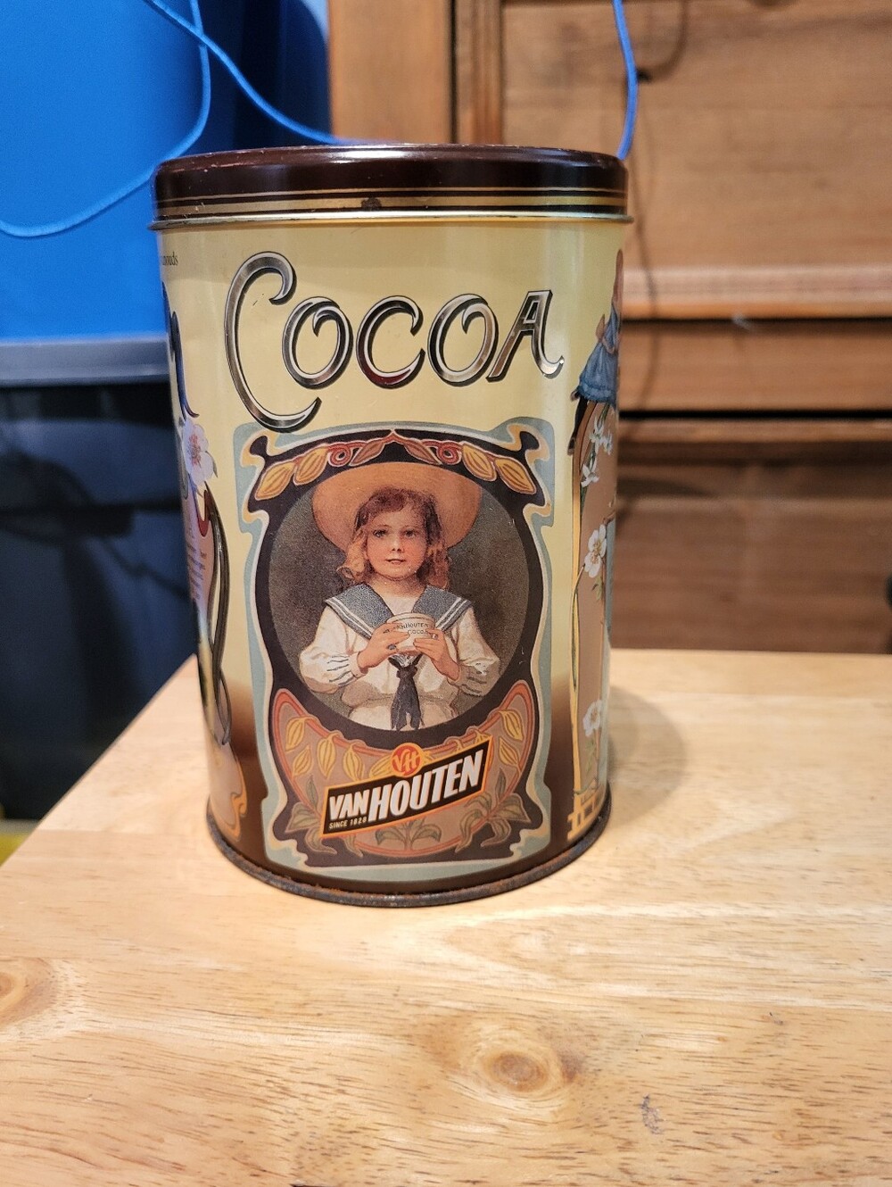 Vintage Van Houten Cocoa Tin Cream Yellow Metal Canister